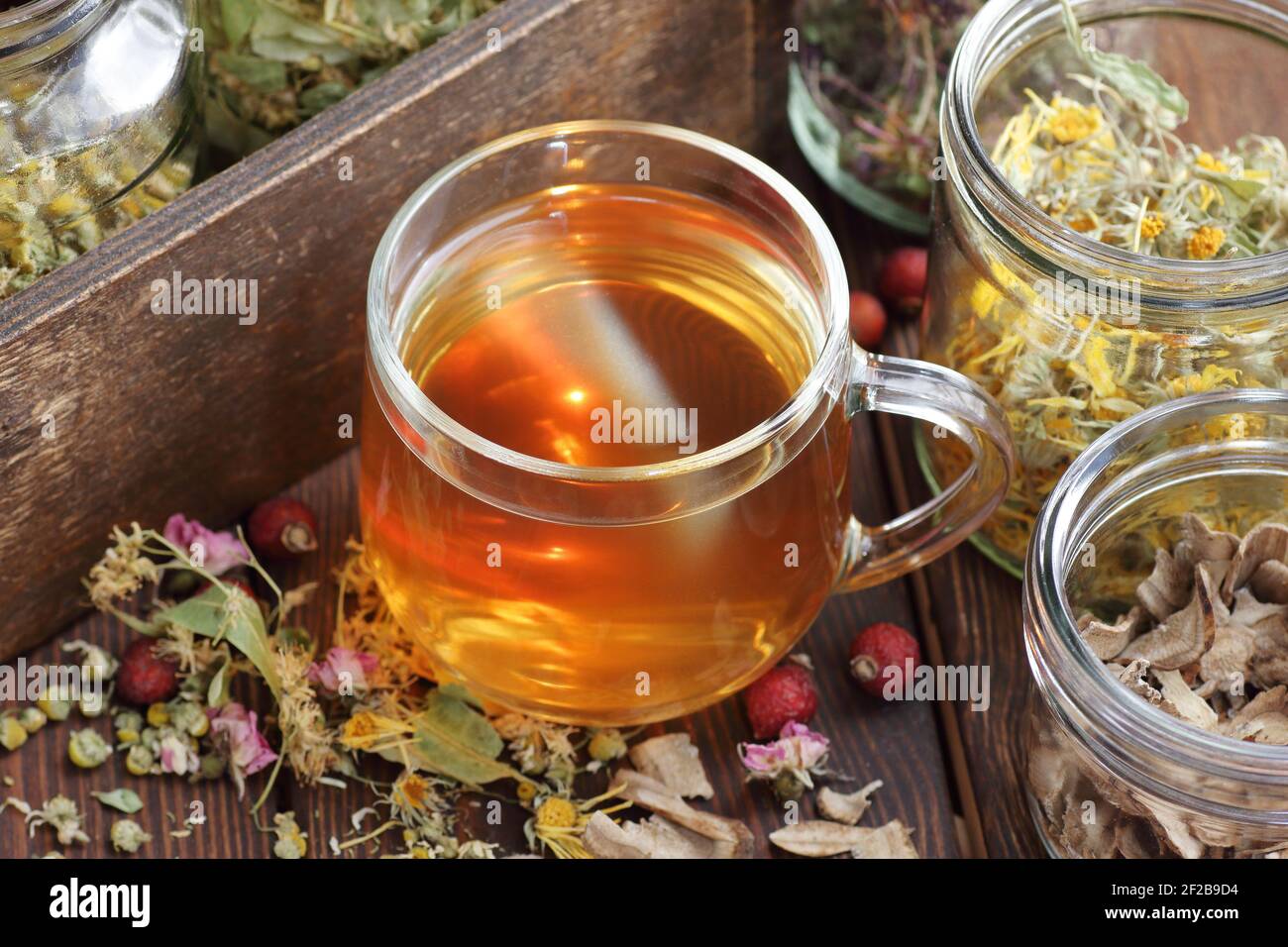Tè alle erbe e vasetti con erbe aromatiche secche: Camomilla, tiglio, calendula, burdock, rosehips e fiori, closeup, copia spazio, naturopatia e natu Foto Stock