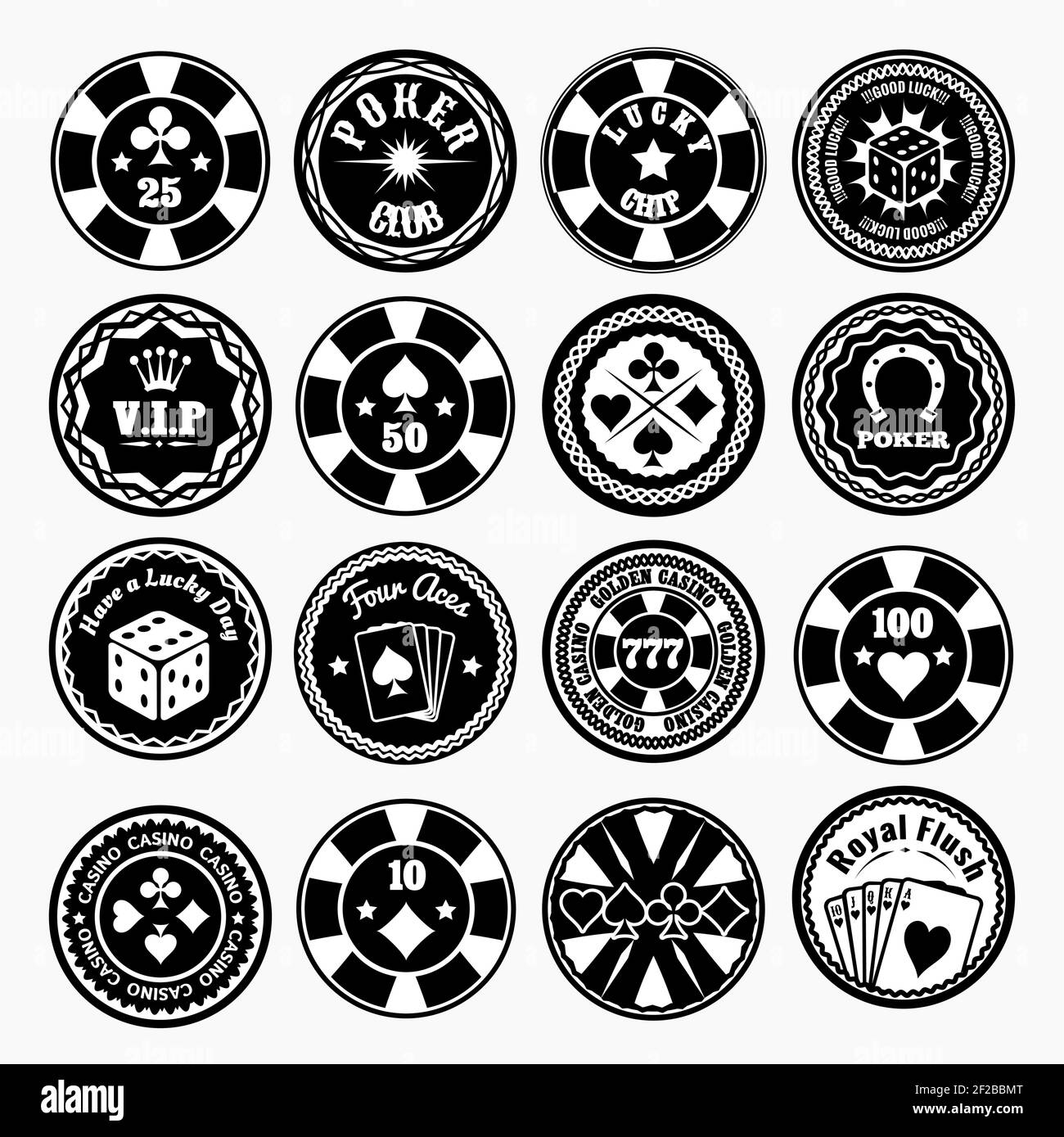Set di etichette nere per club di poker e casinò. Privilege vip game, gioco d'azzardo, fortuna e chip, illustrazione vettoriale Illustrazione Vettoriale