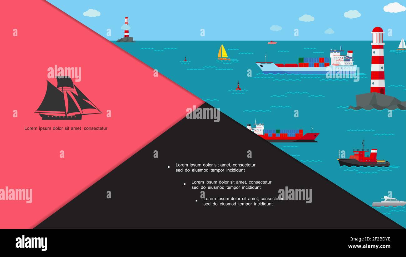 Composizione per trasporto marittimo piatto con navi da carico e container motoscafo yacht traghetto barca boe faro vettore illustrazione Illustrazione Vettoriale