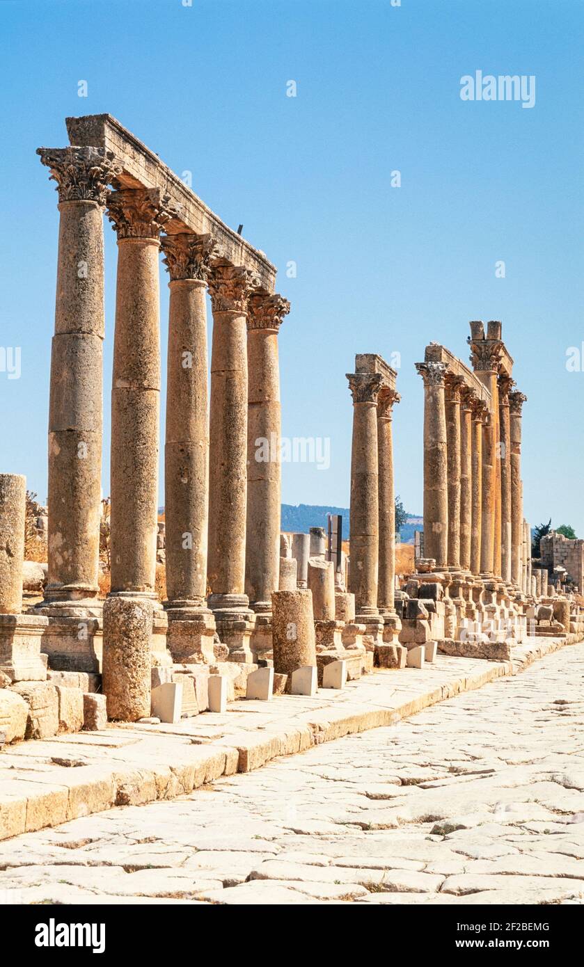 2000 Jerash Jordan Medio Oriente - colonne calcaree del Cardo Jarash Nord Giordania Medio Oriente. Gerasa o Jerash è una città nel nord della Giordania. La città è a 30 miglia a nord della capitale Amman. Jerash è considerato uno dei più grandi e meglio conservati siti di architettura romana al mondo fuori dell'Italia. Questa è la lunga strada colonnata o cardo e le sue strade laterali o decumani.Cardo è stato il nome latino dato a una strada nord-sud nelle antiche città romane e campi militari come componente integrale della pianificazione della città. A Jerash la superficie stradale originale sopravvisse. Foto Stock