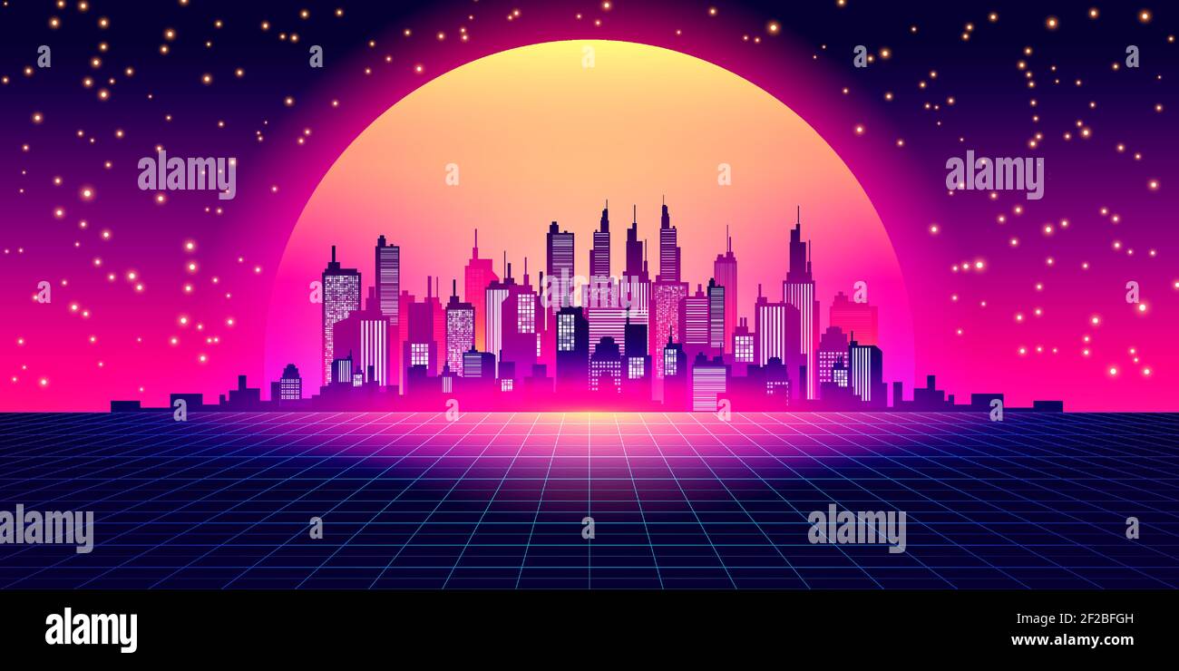 Sfondo vettoriale fantascientifico, skyline notturno della città nello stile delle onde retrò, Synth 80s Design. Futuristico Vector Illustration stile geometrico, Tropical Night retro 80s Fashion Sci-Fi sfondo Paesaggio Illustrazione Vettoriale
