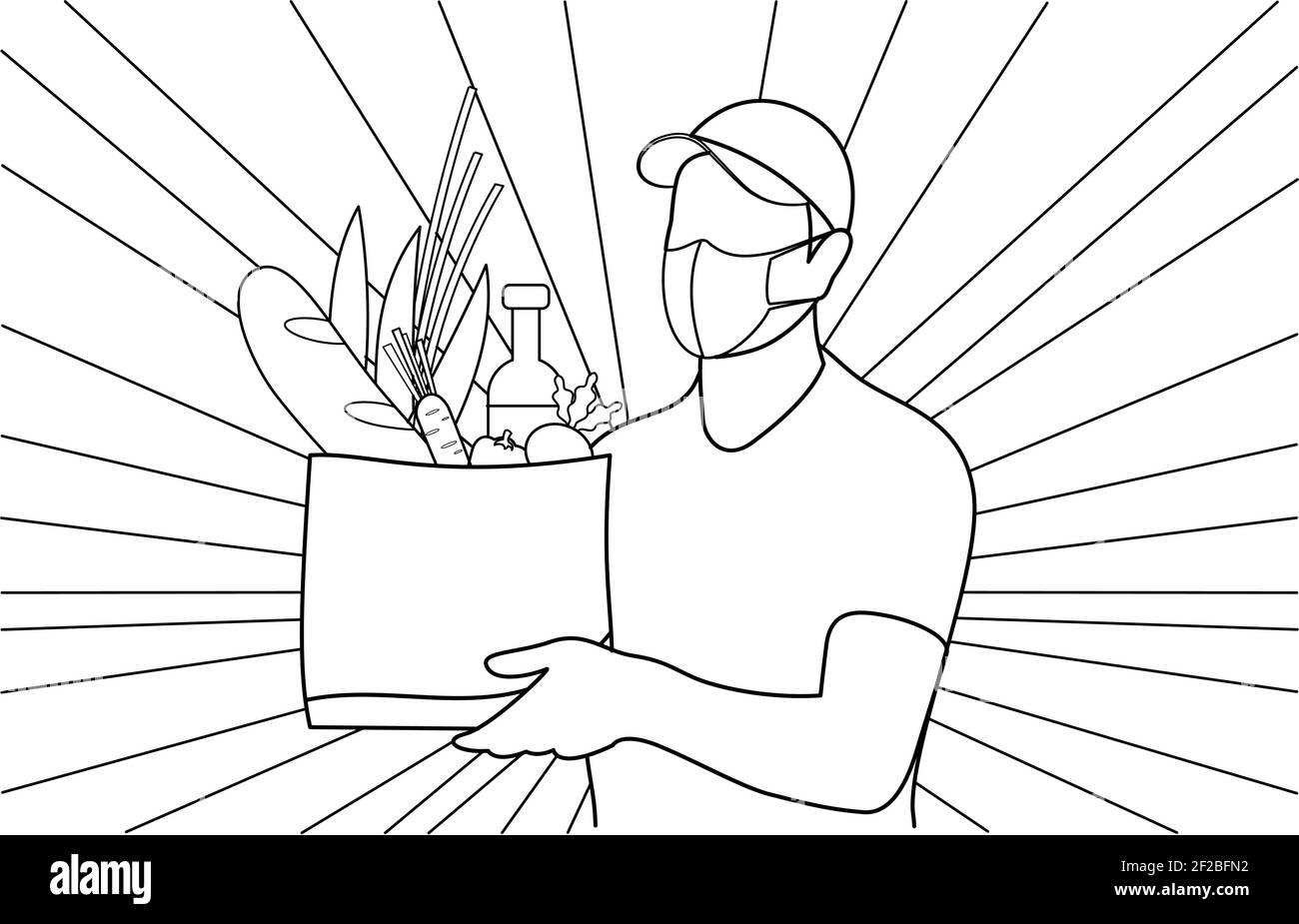 Linea arte, disegno di uomo di consegna che tiene una borsa con cibo, verdure, pane e vino, sta indossando una maschera facciale, consegna sicura del cibo a casa. Illustrazione Vettoriale