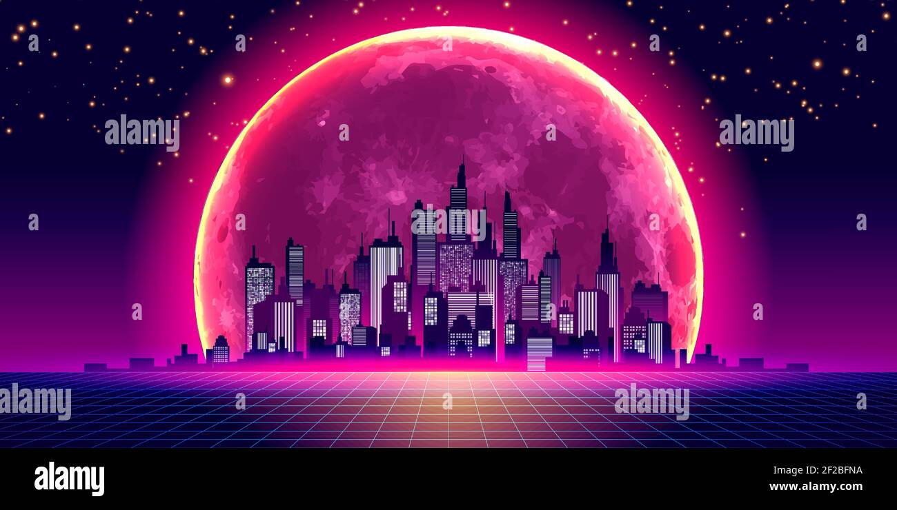 Skyline della città in stile anni '80. Luna incandescente al neon e cielo stellato. Synthwave, Retrowave, Vaporwave, sfondo. Illustrazione futuristica vettoriale stile geometrico. Illustrazione Vettoriale