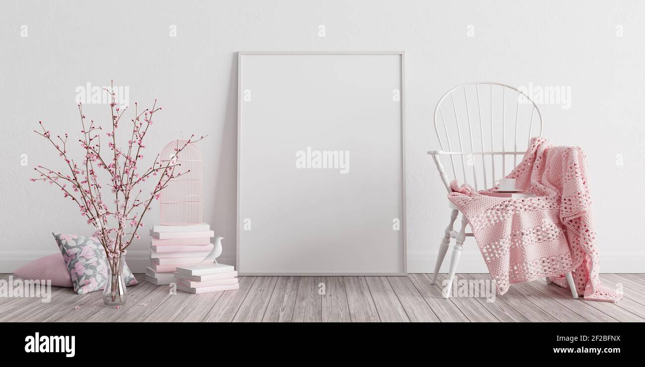 Soggiorno bianco con decorazione rosa e poltrona bianca con coperta rosa, interni dal design minimalista. rappresentazione 3d illustrazione 3d Foto Stock
