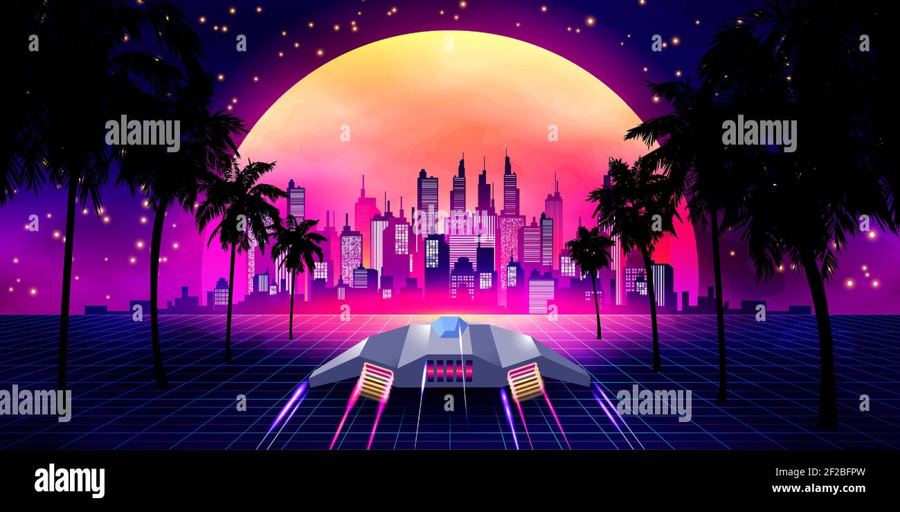 Arcade Space Ship volare al tramonto. Retro 80s Fashion Sci-Fi sfondo paesaggio. Digital retro cityscape Sci-Fi Summer Landscape con 3D Mountains, 80s Style Synthwave o Retrowave illustrazione. Illustrazione Vettoriale