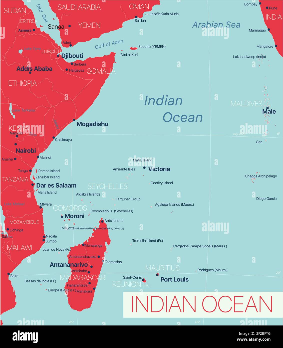 Regione dell'oceano Indiano Mappa dettagliata modificabile con regioni città e città, siti geografici. File vettoriale EPS-10 Illustrazione Vettoriale