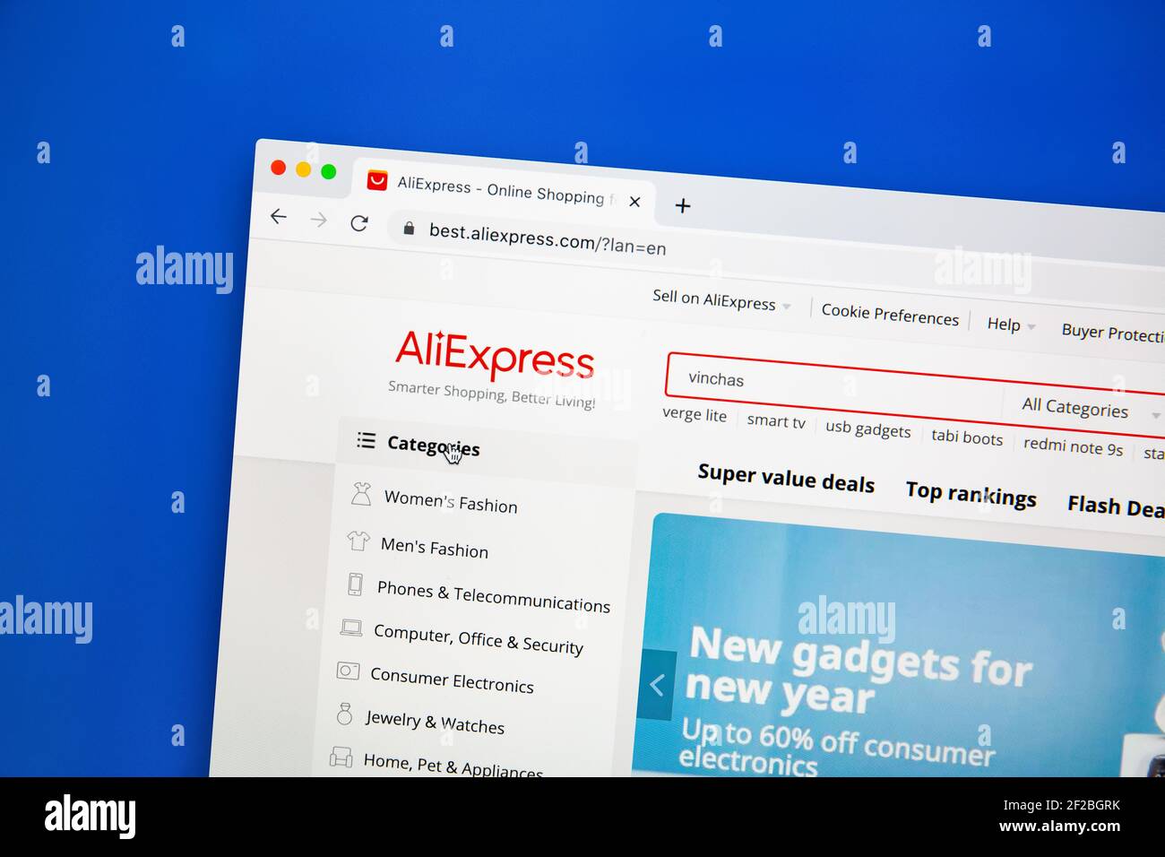 Ostersund, Svezia - 21 gennaio 2021 pagina principale del negozio AliExpress. AliExpress è un servizio di vendita online con sede in Cina di proprietà del Gruppo Alibaba. Foto Stock