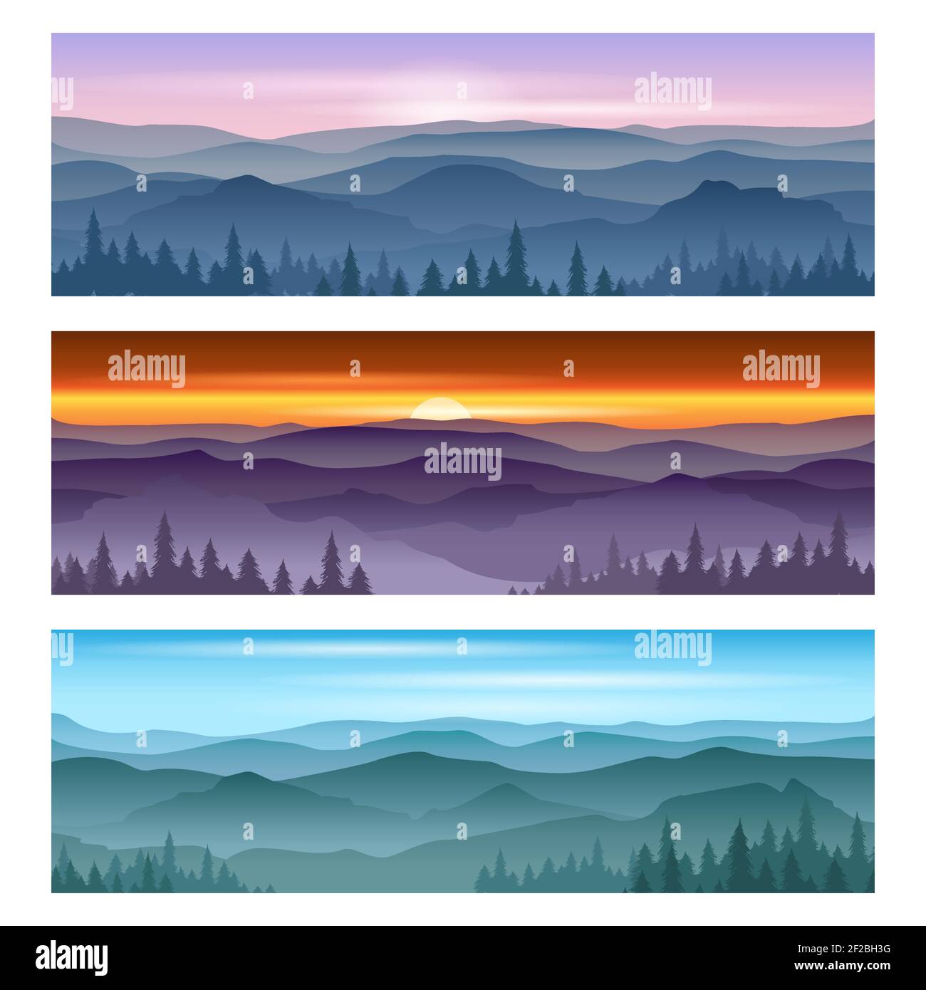 Alba in montagna e le montagne tramonto. Vettore sfondi paesaggio, natura tramonto, alba esterna montagna illustrazione Illustrazione Vettoriale