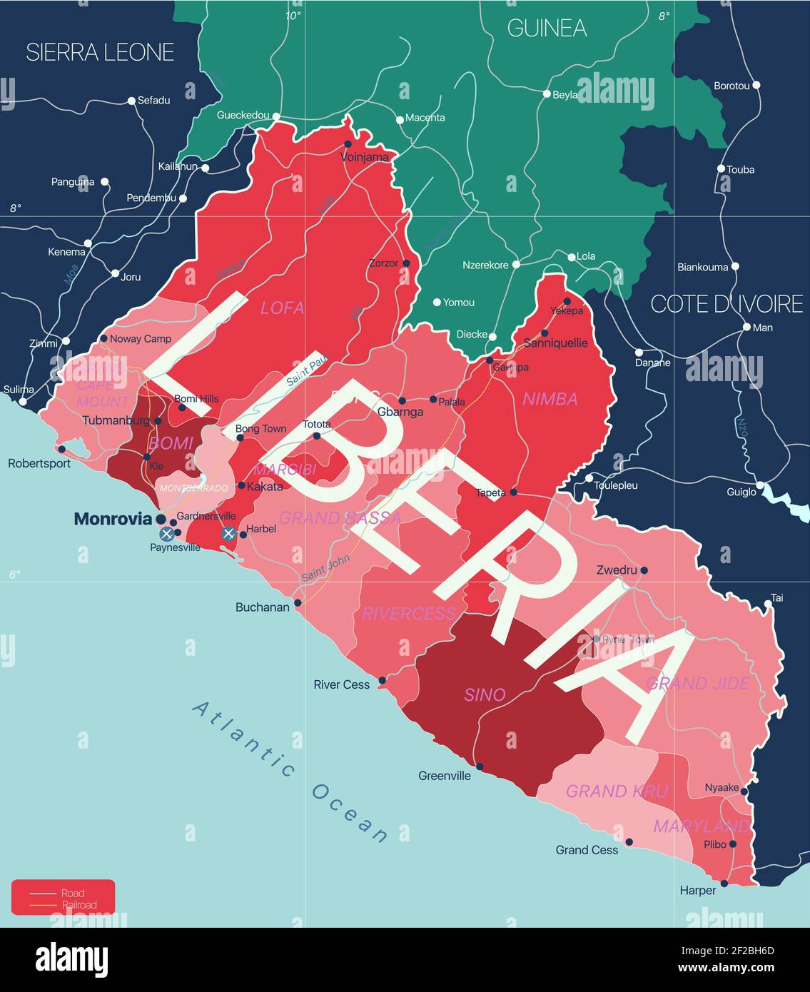 Paese Liberia Mappa dettagliata modificabile con regioni città e città, strade e ferrovie, siti geografici. File vettoriale EPS-10 Illustrazione Vettoriale