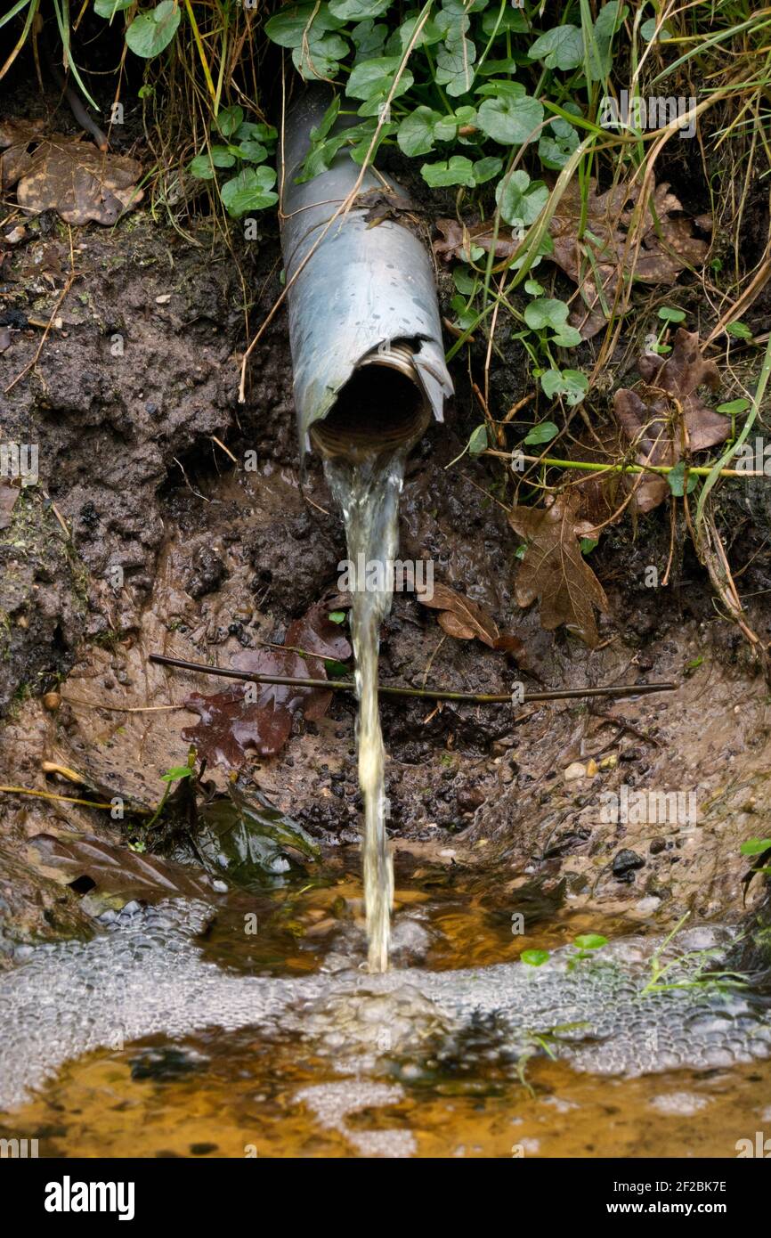 Sistema di drenaggio di campo di sottosuperficie agricolo, le acque sotterranee vengono scaricate dal tubo in un fossato Foto Stock