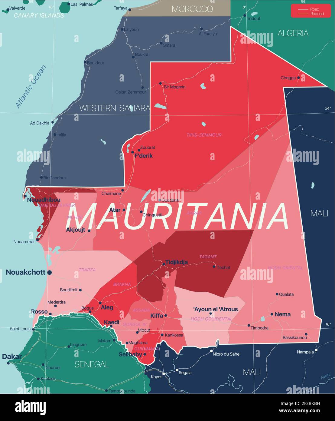 Paese Mauritania Mappa dettagliata modificabile con regioni città e città, strade e ferrovie, siti geografici. File vettoriale EPS-10 Illustrazione Vettoriale