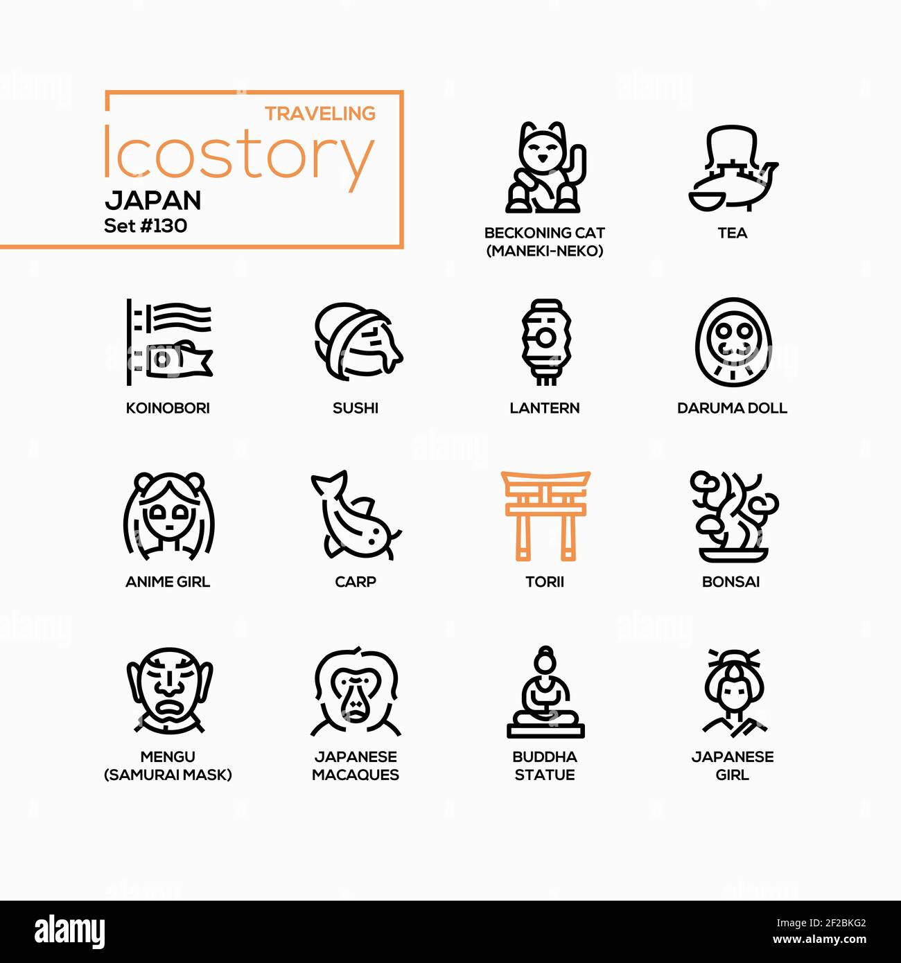 Giappone - Set di icone di stile moderno. Simboli e tradizioni nazionali giapponesi. Immagini di koinobori, sushi, lanterna, bambola Daruma, anime, circa Illustrazione Vettoriale