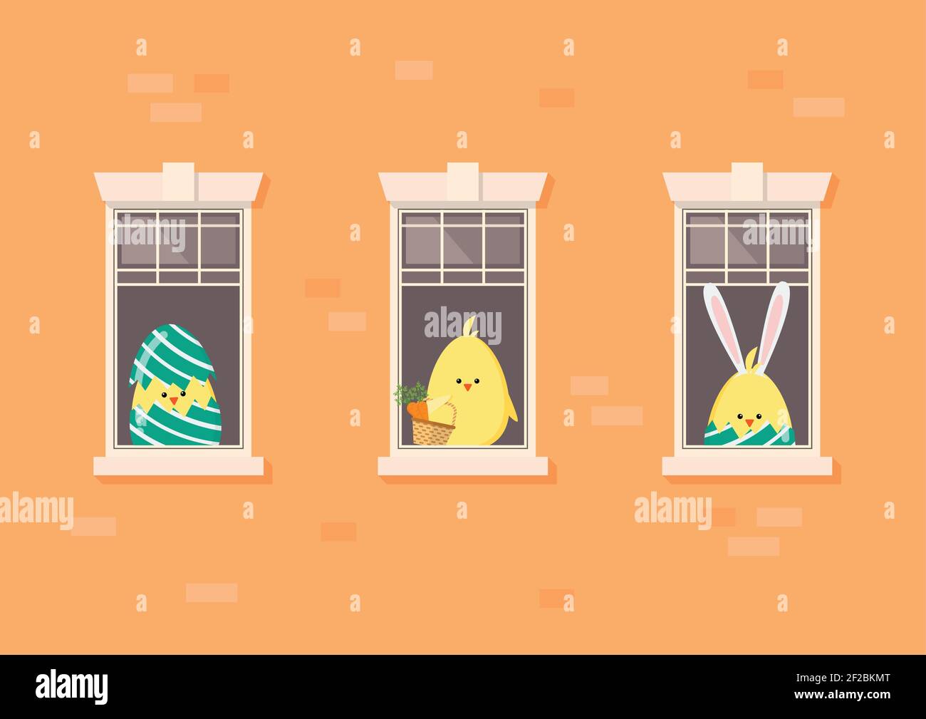 Appartamento edificio facciata con vicino pasqua polli in finestre aperte. Illustrazione vettoriale. Illustrazione Vettoriale