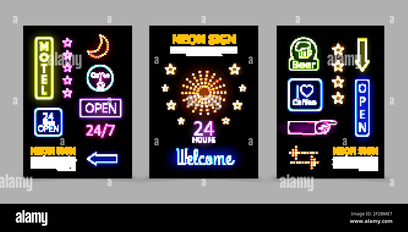 Poster promozionali al neon con cornici illuminate scritte colorate luminose stelle scintillano luna incandescente frecce birra vetro caffè tazza indicatin Illustrazione Vettoriale