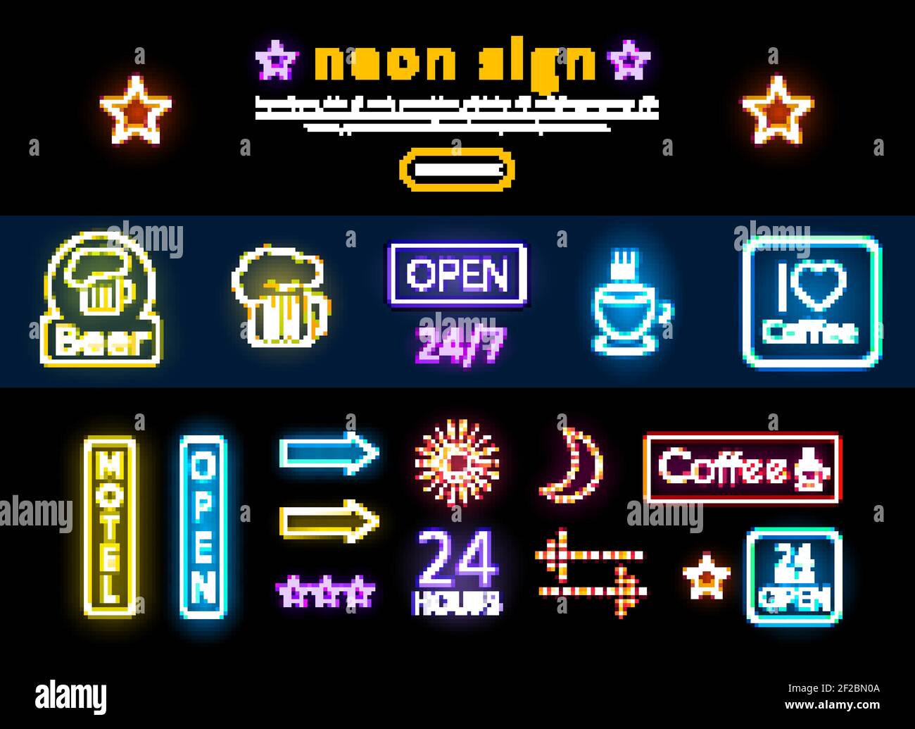 Cartelli luminosi e colorati al neon con caffè in vetro di birra Coppa sole luna stelle frecce Open Motel iscrizioni vettore isolato illustrazione Illustrazione Vettoriale