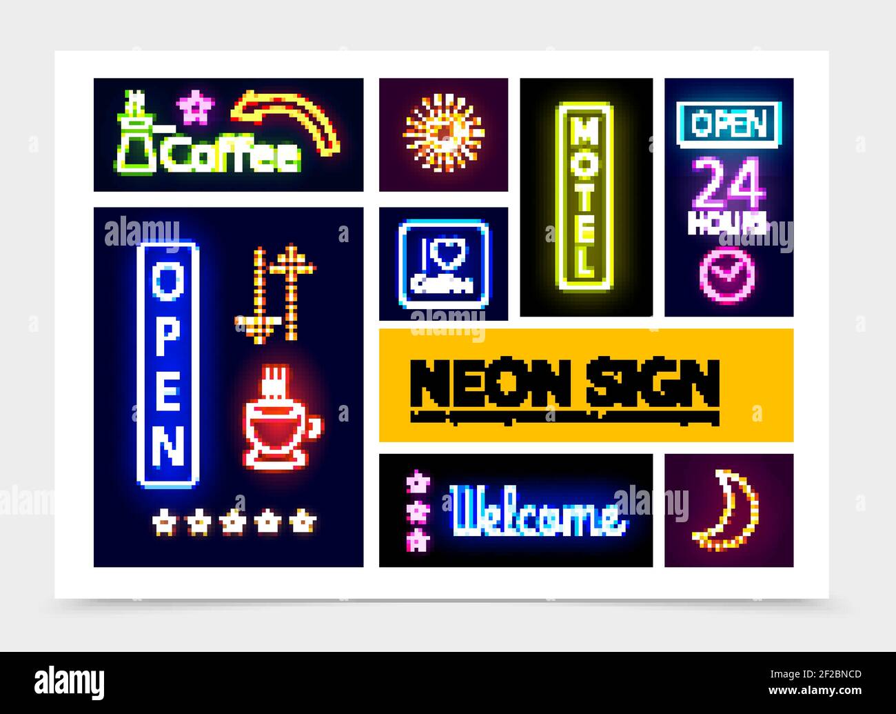 Pubblicità al neon segni modello infografico con brillanti cornici colorate iscrizioni scintille frecce incandescenti stelle luna turk caffè tazza isolato vecto Illustrazione Vettoriale