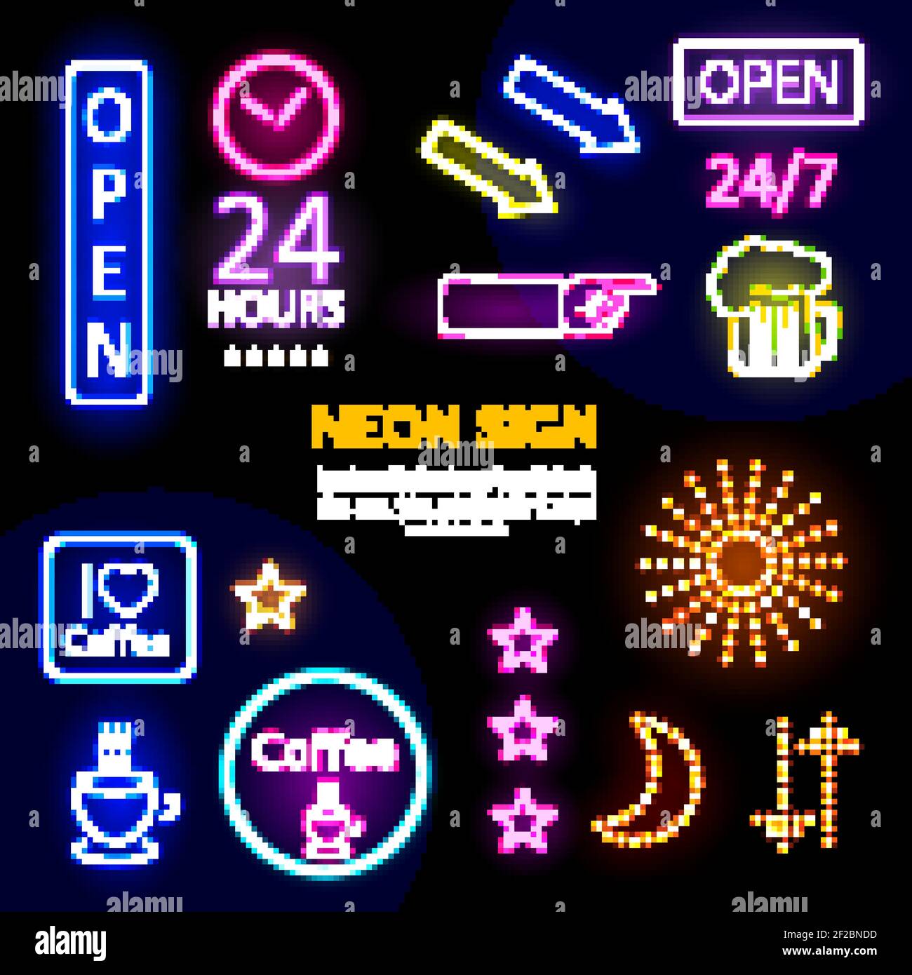 Mascherina elettrica al neon con iscrizioni colorate incornicia la birra frecce le stelle di vetro scintillano la tazza di caffè della luna indicando il vettore isolato a mano illust Illustrazione Vettoriale