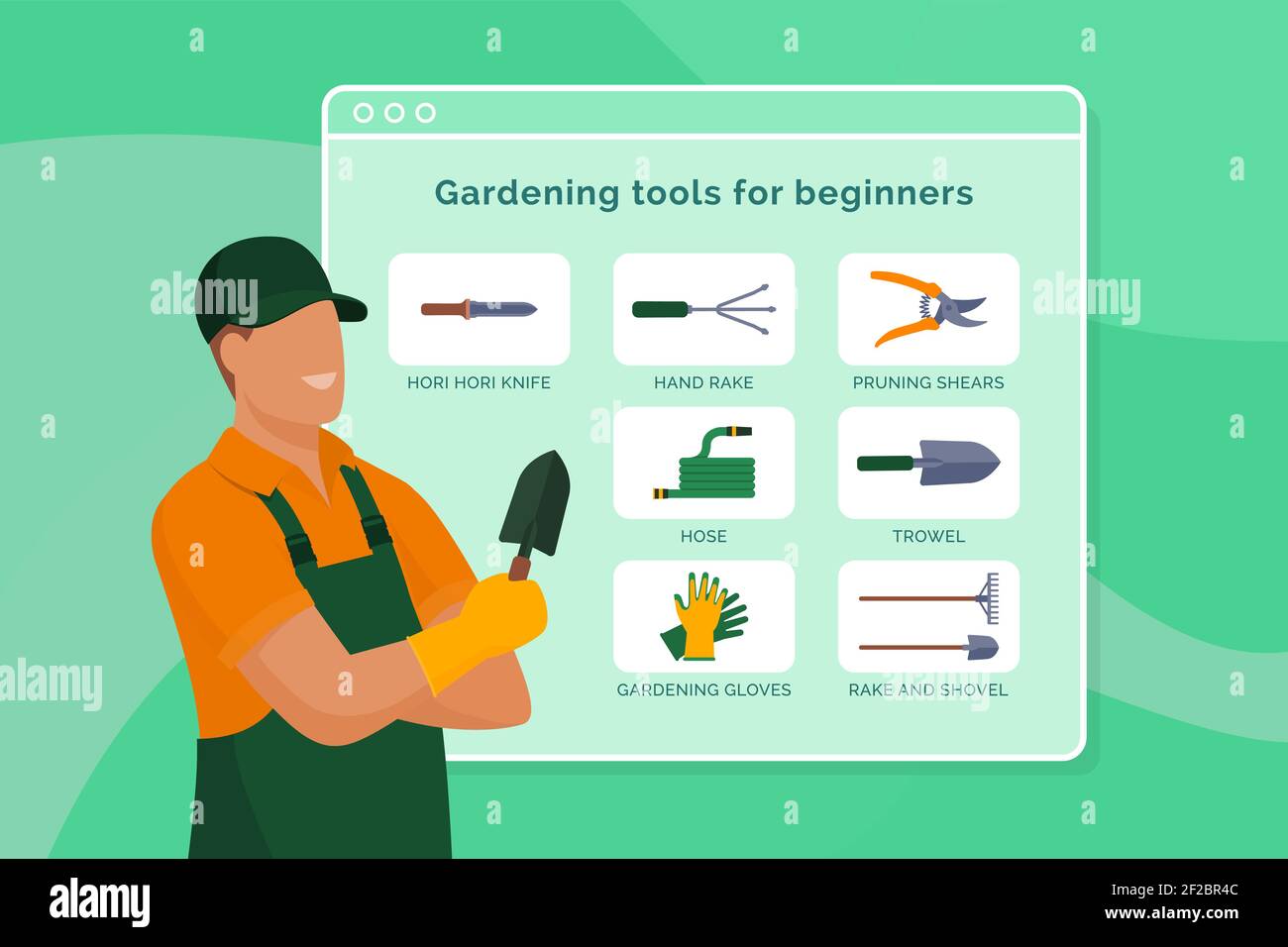 Giardiniere professionista che dà le punte: Attrezzi essenziali di giardinaggio per i principianti Illustrazione Vettoriale