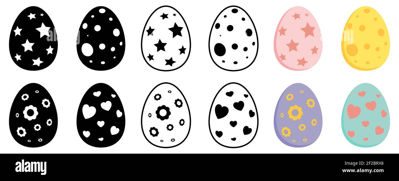 Raccolta di uova di Pasqua. Set di simboli per le vacanze primaverili. Illustrazione vettoriale isolata su sfondo bianco. Contiene silhouette, contorni e colori pastello d Illustrazione Vettoriale