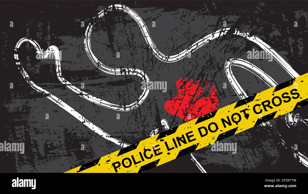 Scena del crimine sfondo con nastro giallo della polizia e corpo morto con sangue. Illustrazione vettoriale dell'omicidio di mistero criminale. Illustrazione Vettoriale