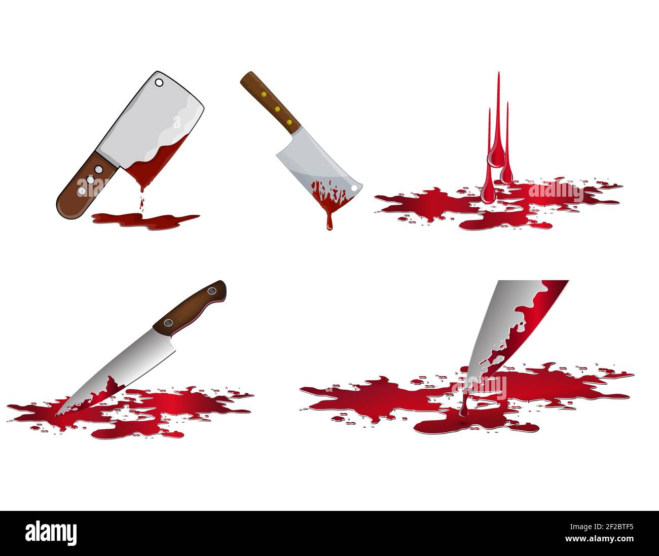 Set di coltelli con sangue. Arma da omicidio con macchie rosse di sangue. Immagine vettoriale criminale isolata su bianco. Illustrazione Vettoriale