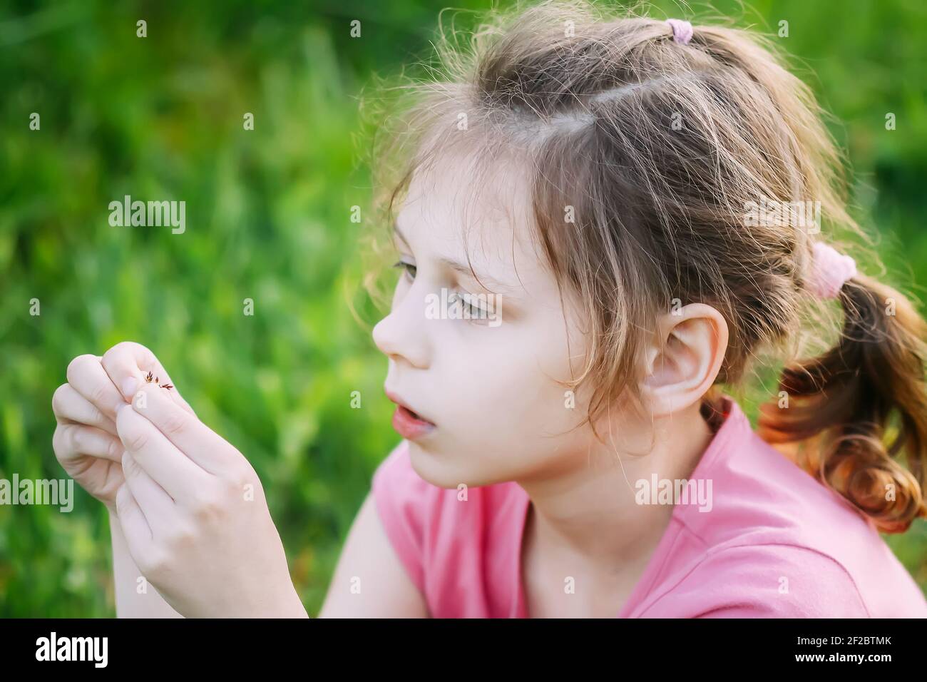 Una ragazza seduta su erba verde nel giardino primaverile. Bambini che esplorano la natura. Foto Stock