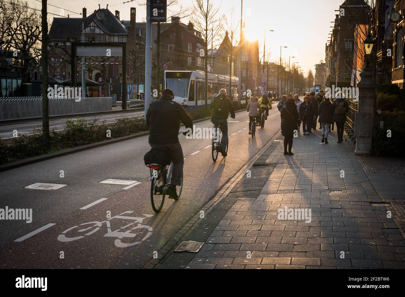 Ciclisti su Jan Luijkenstraat, Amsterdam, Paesi Bassi. Foto Stock