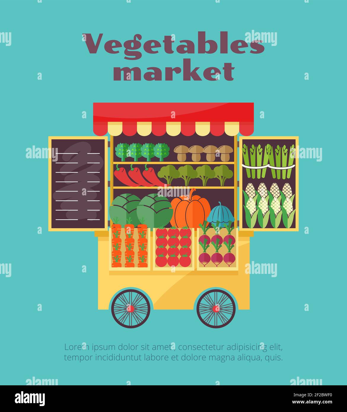 Vendita di verdure di strada di mercato di fattoria vending. Carote e funghi, zucca e pepe, illustrazione vettoriale Illustrazione Vettoriale