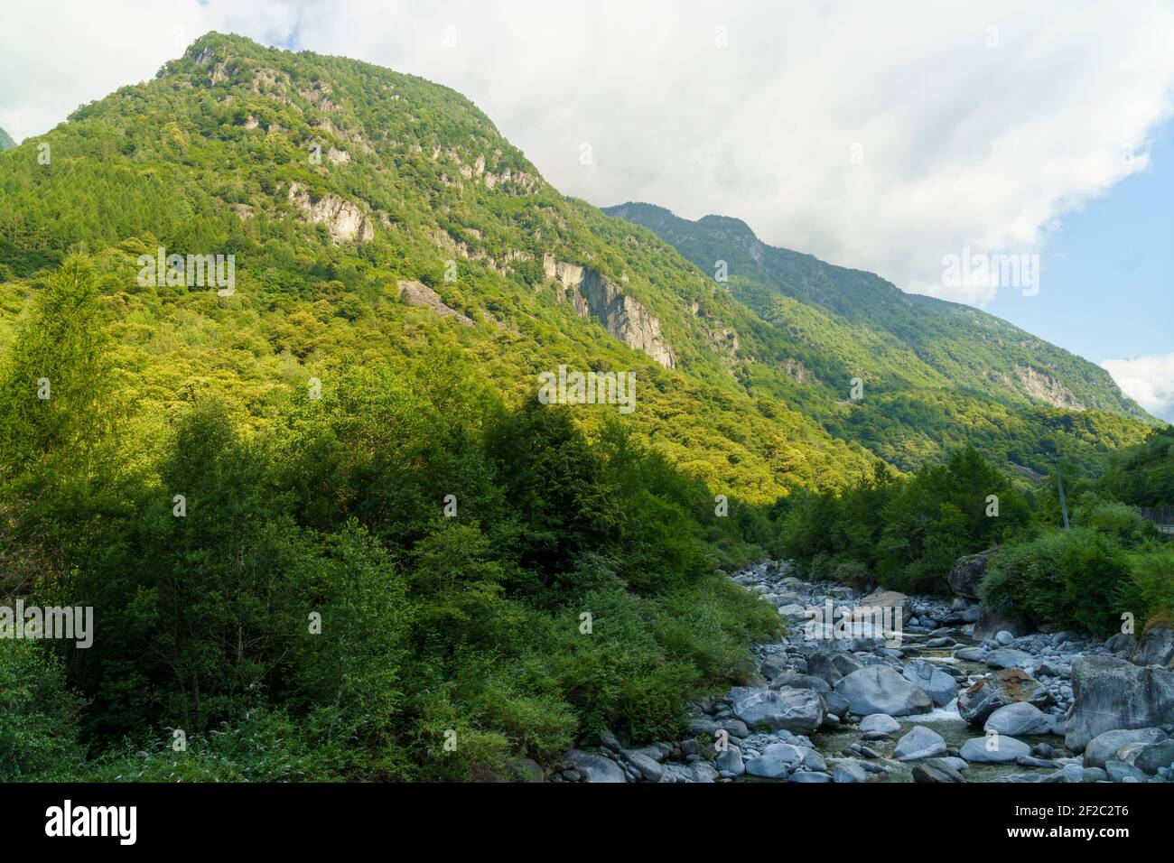 Paesaggio montano d'estate in Val Masino, valle in provincia di Sondrio, Lombardia, Italia Foto Stock