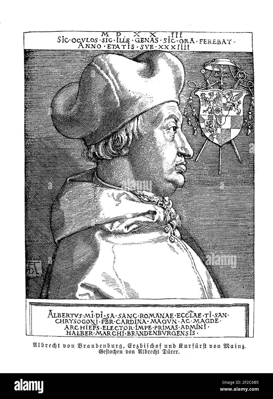 Alberto di Brandeburgo o Albrecht von Brandenburg, Elettore e Arcivescovo di Magonza, sostenitore del cattolicesimo contro Martin Luther, incisione di Albrecht Duerer Foto Stock