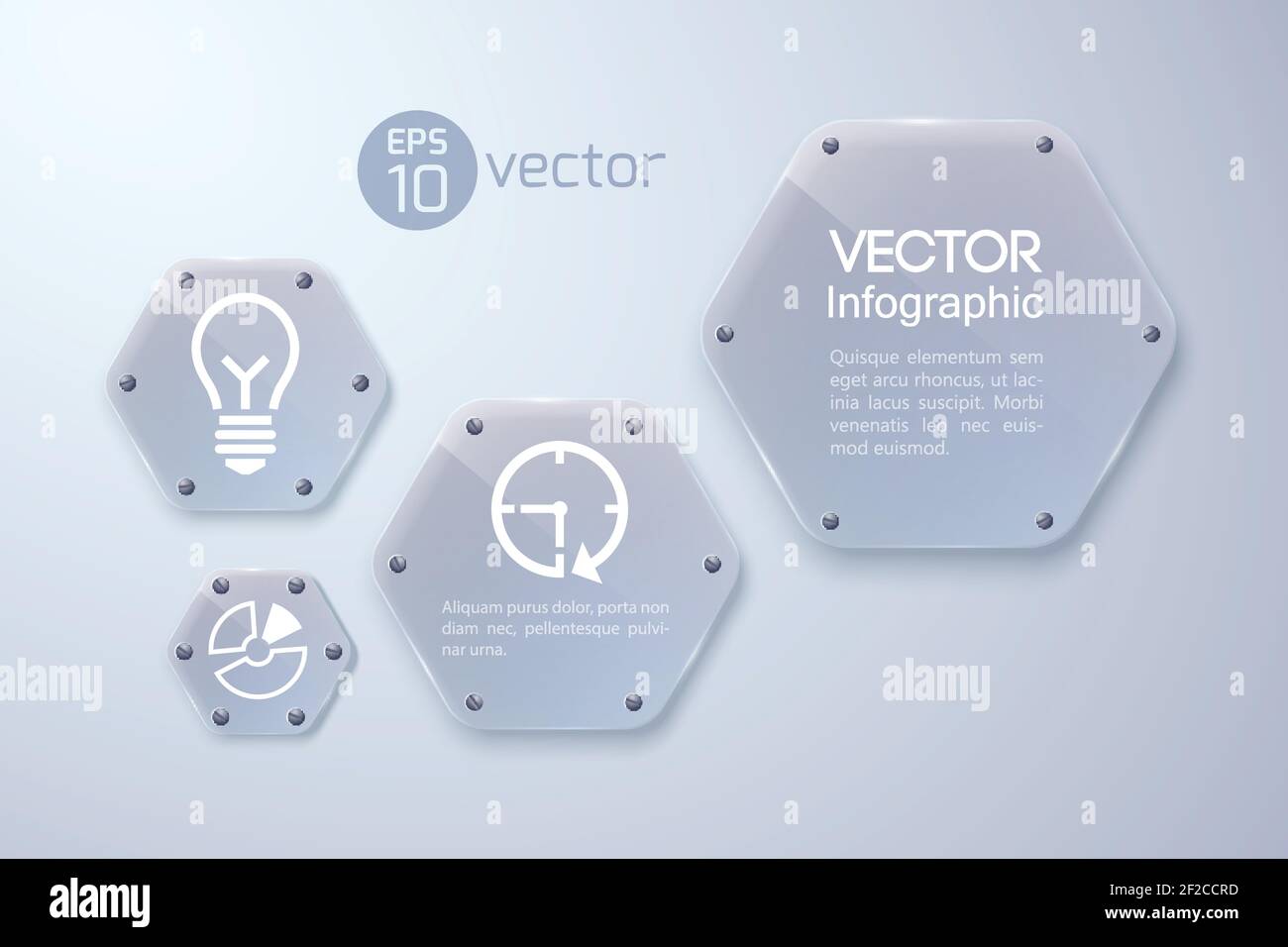 Concetto web infografico con icone bianche e esagoni in vetro su immagine vettoriale con sfondo grigio Illustrazione Vettoriale