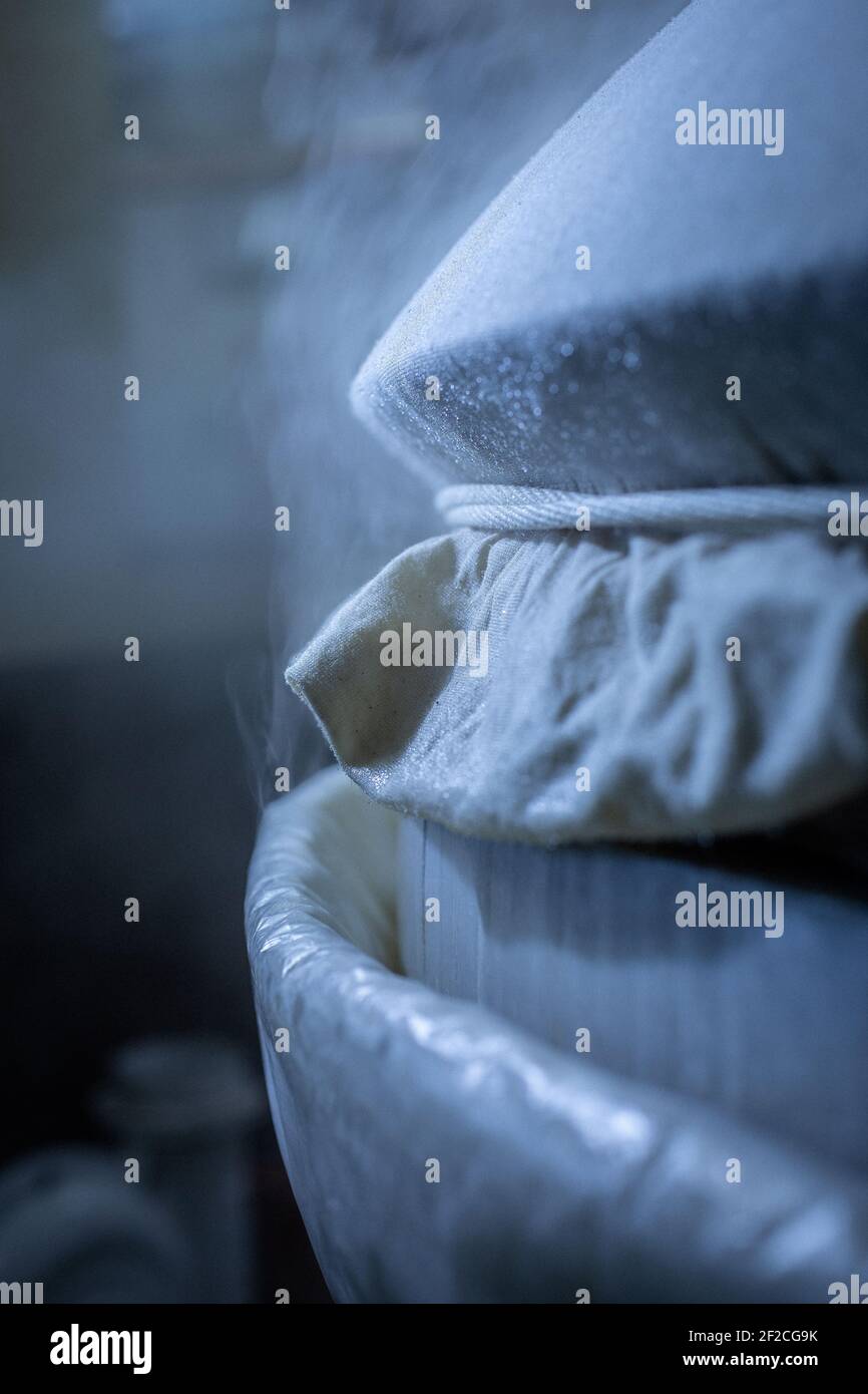 Produzione di sake giapponese/riso fumante per sake presso la fabbrica di sake Akashi. Prefettura di Hyogo, Giappone. Foto Stock