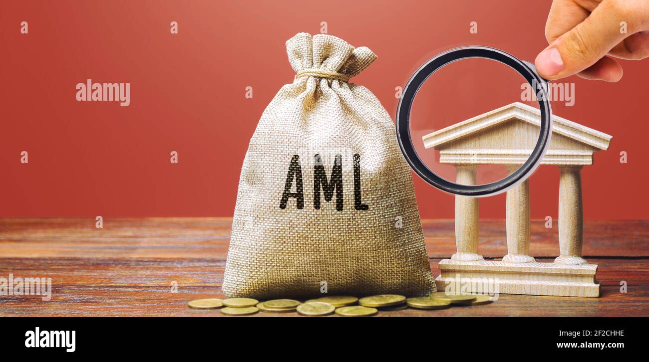 Borsa di denaro AML e edificio bancario. Concetto di antiriciclaggio. Monitoraggio finanziario, identificazione di transazioni sospette. Affari e finanza. Foto Stock