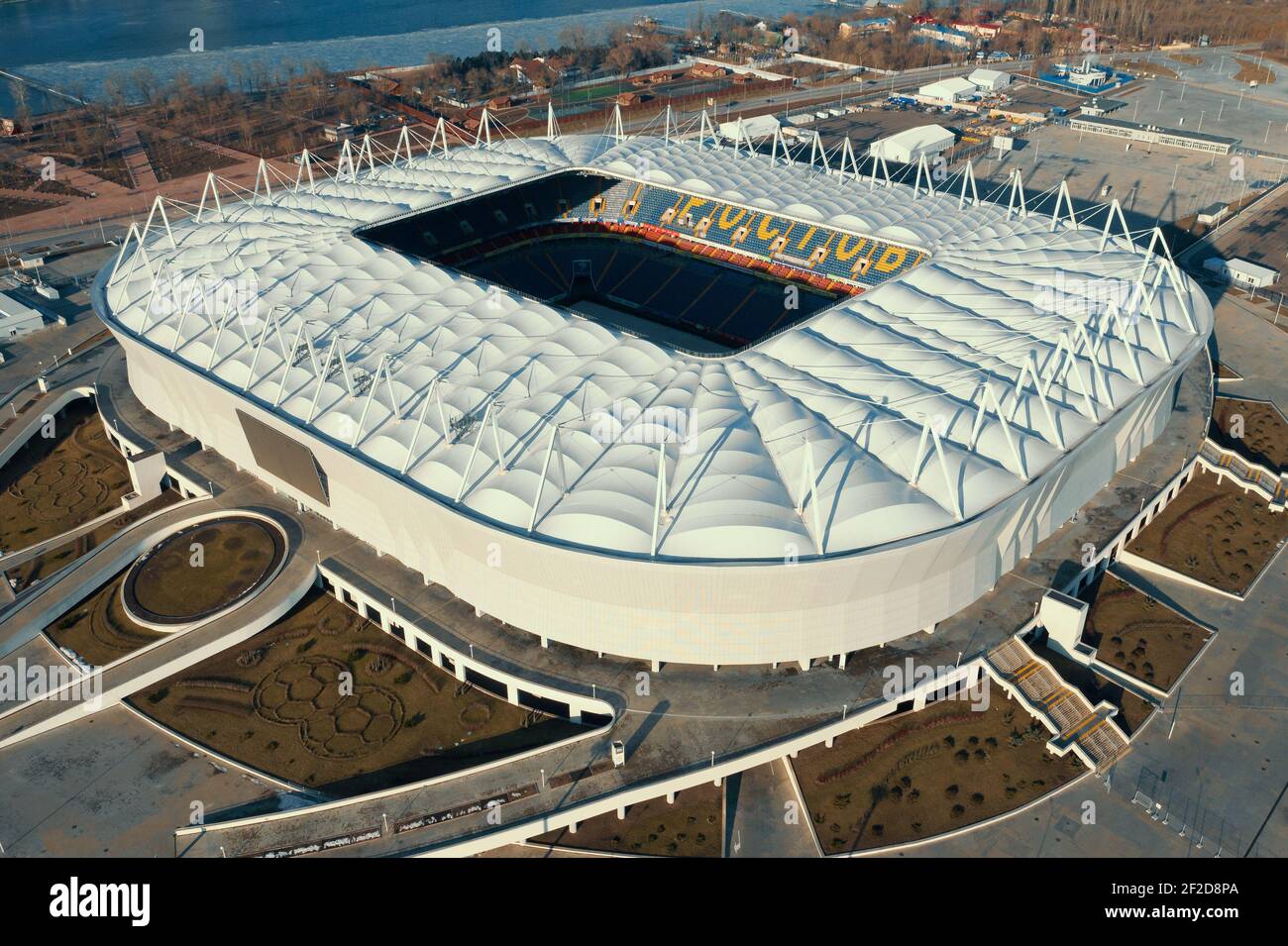 Rostov-on-Don, Russia - Febbraio 2021: Rostov Arena - Modern Football Stadium vista aerea. Foto Stock