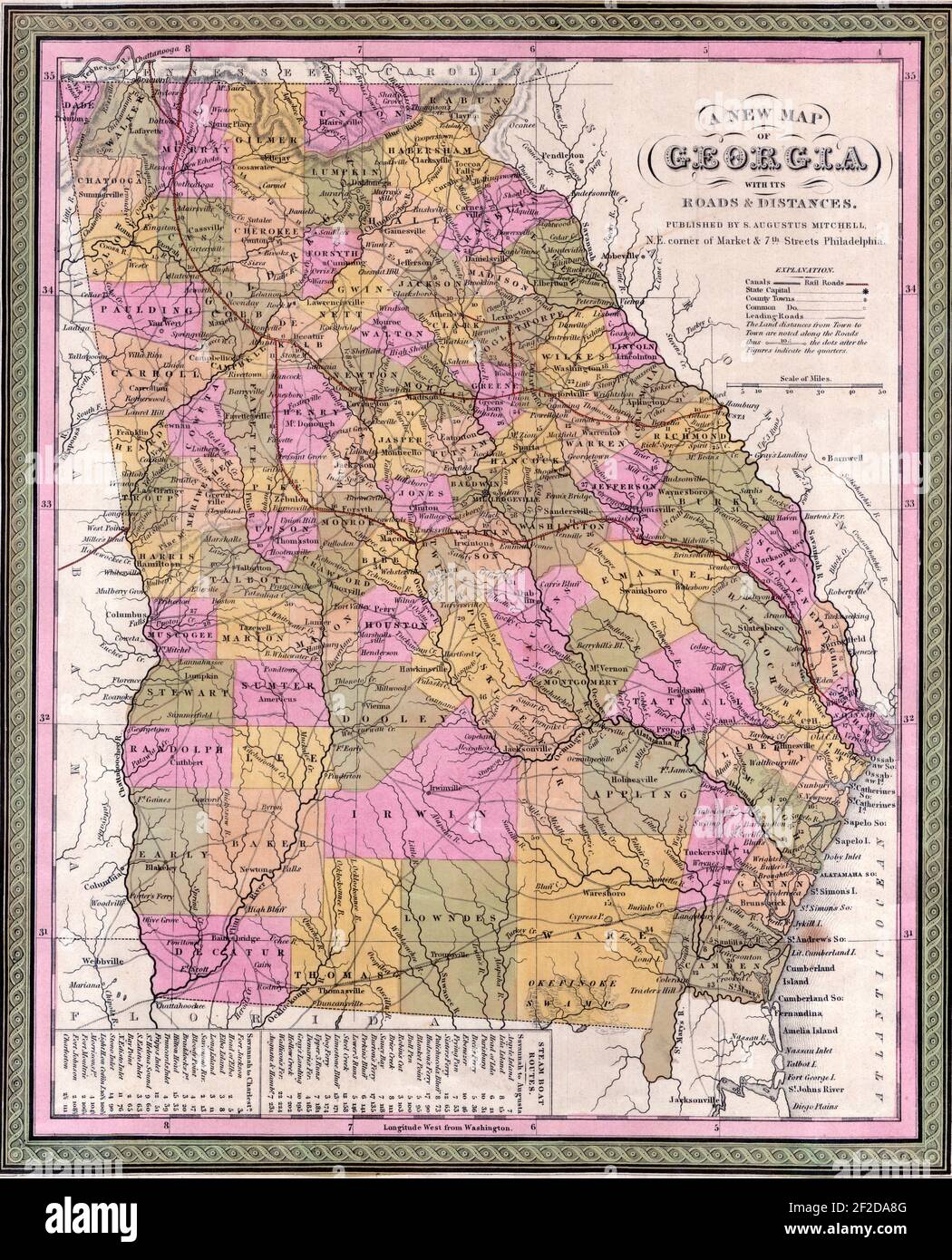 Una nuova mappa della Georgia con le sue strade e distanze di Samuel Augustus Mitchell, 1845 Foto Stock