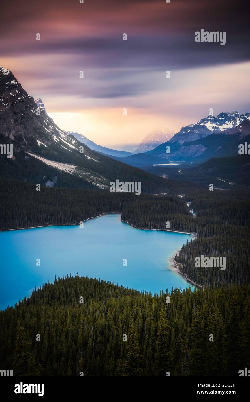 Colori psichedelici al tramonto sull'iconico lago Peyto mentre la pioggia riflette e rifratta la luce del sole che tramonta. Foto Stock