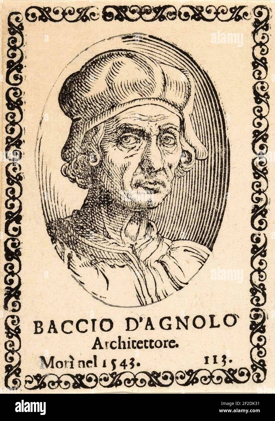 1500 ca, ITALIA : l'architetto e scultore italiano BACCIO D'AGNOLO ( Bartolomeo d'Agnolo Baglioni , 1462 - 1543 ). Incisione ritratto da un libro LE VITE di Giorgio Vasari , 1568 ediction . Incisore sconosciuto . - ARTE - ARCHITETTO - ARCHITETTURA - ARCHITETTURA - ARTI - Ritratto - ritratto - incisione - RINASCIMENTO - RINASCIMENTO - SCULTORE - SCULTURA - SCULTURA --- Archivio GBB Foto Stock