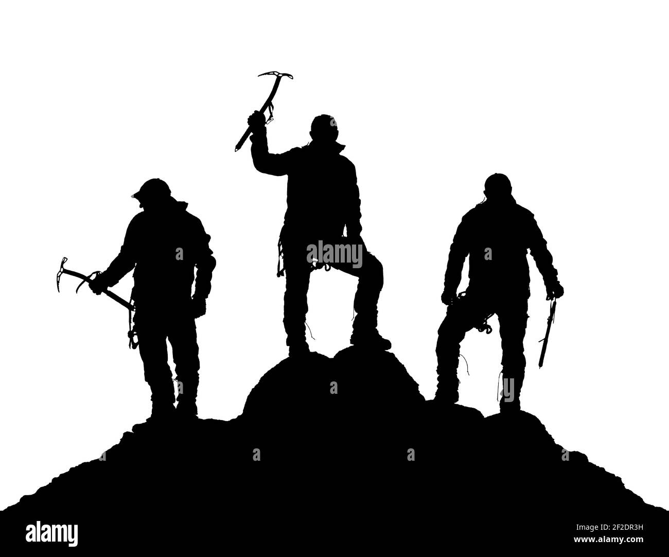 silhouette nera di tre scalatori con l'ascia ghiacciata in mano su sfondo bianco Foto Stock