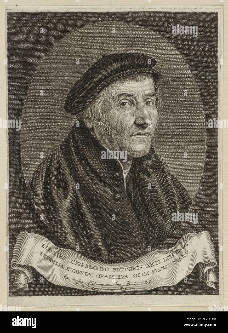 Van leyden. Hiken, stellen, stellen, stellen, stellen, stellen, stellen, stellen. Onder het portret een banderol met een tweregelige tekst in het Latijn. Foto Stock