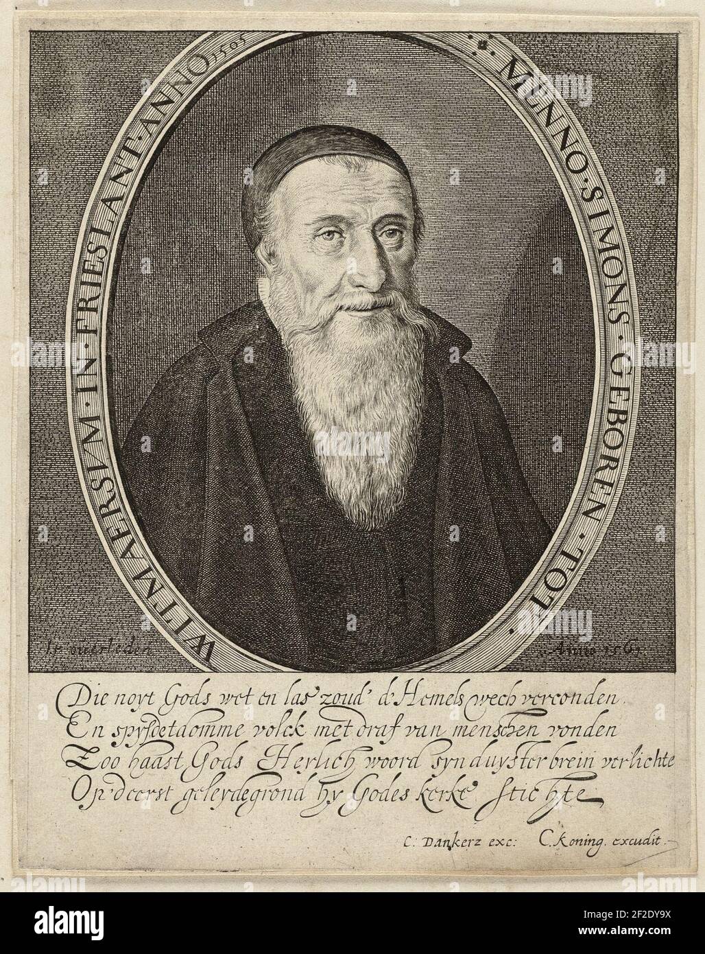 Portret van Menno Simons, in ovaal Met randschrift. Foto Stock