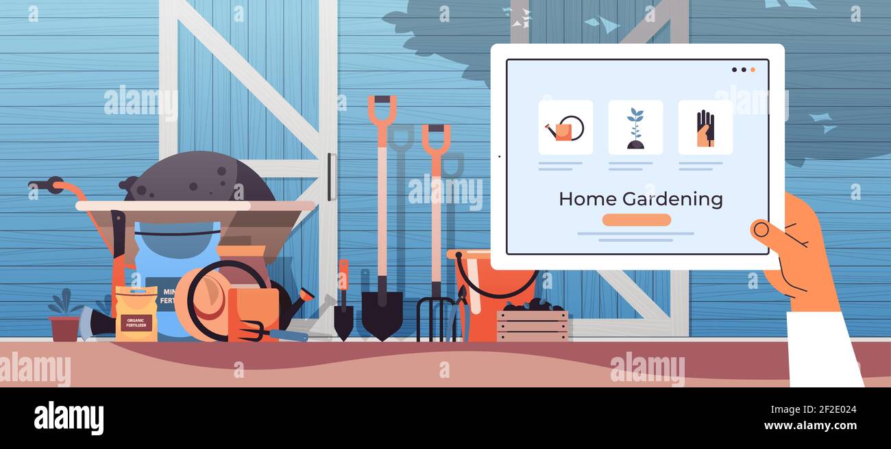 la mano umana che utilizza il pc tablet per la gestione eco-intelligente dell'agricoltura a casa illustrazione vettoriale orizzontale del concetto di giardinaggio Illustrazione Vettoriale