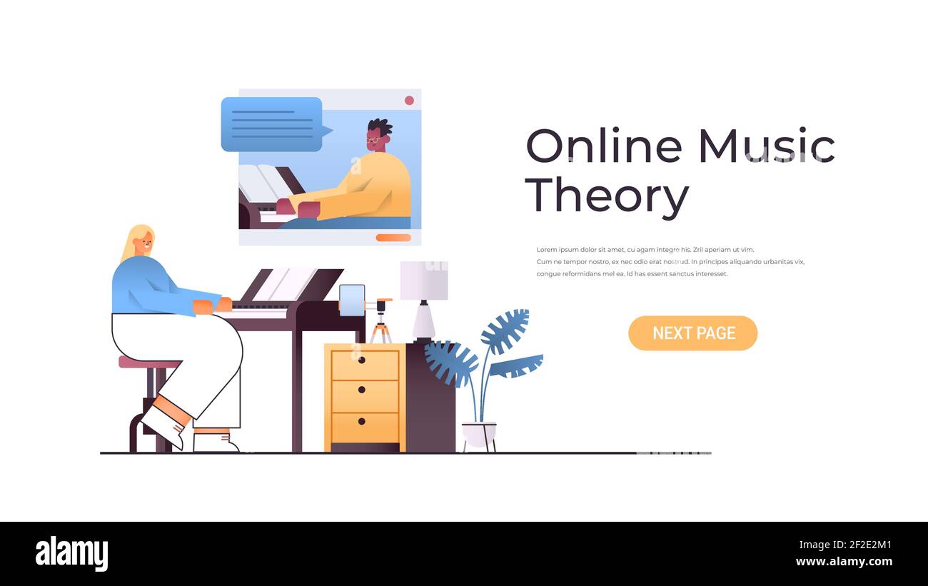 donna che suona il pianoforte mentre guarda le lezioni video con un insegnante di sesso maschile nella finestra del browser web online teoria musicale concetto full length illustrazione vettoriale dello spazio di copia orizzontale Illustrazione Vettoriale