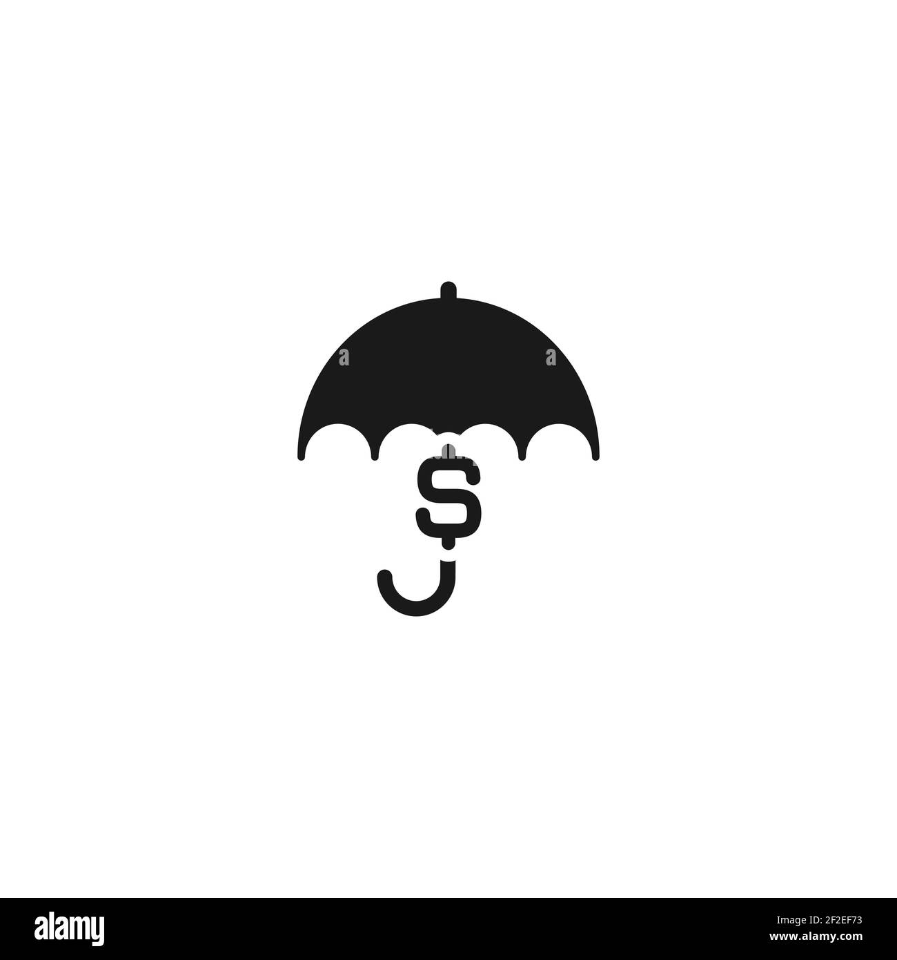 Ombrello nero con simbolo del dollaro sotto di esso. Icona piatta vettore isolata in bianco. Pioggia di soldi. Pittogramma di protezione del denaro. Simbolo di sicurezza degli investimenti. Illustrazione Vettoriale
