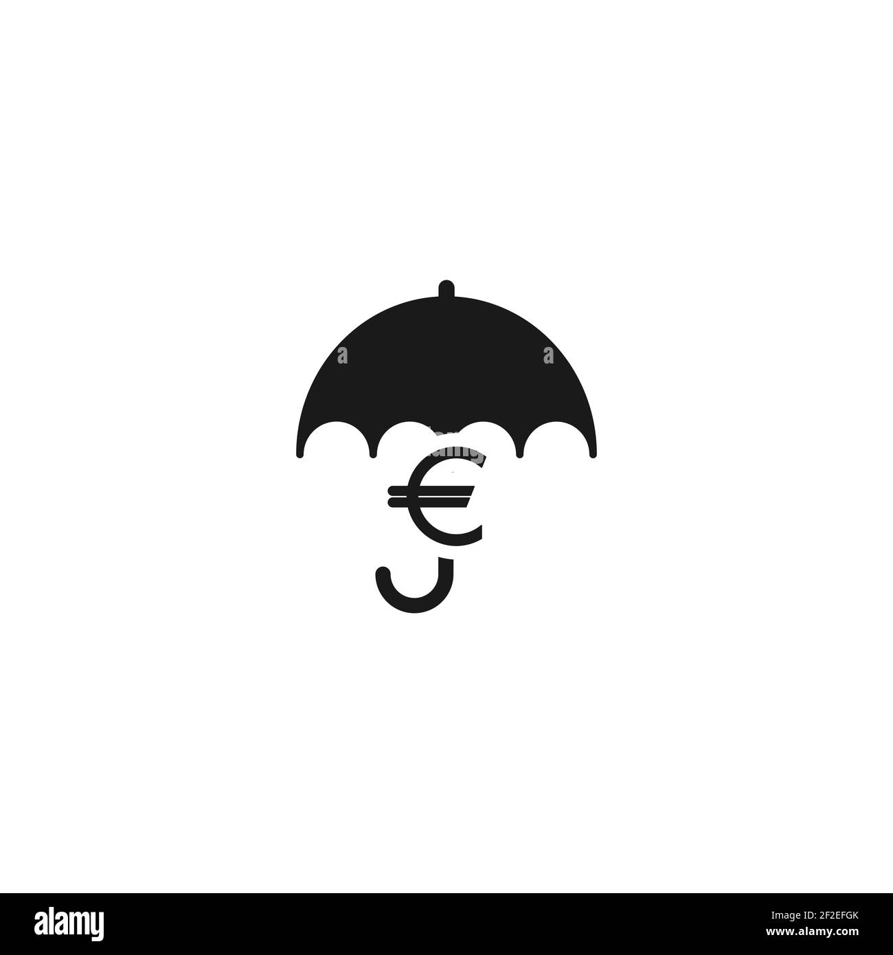 Ombrello nero con il simbolo dell'euro sotto di esso. Icona piatta vettore isolata in bianco. Pioggia di soldi. Pittogramma di protezione del denaro. Simbolo di sicurezza degli investimenti. Illustrazione Vettoriale