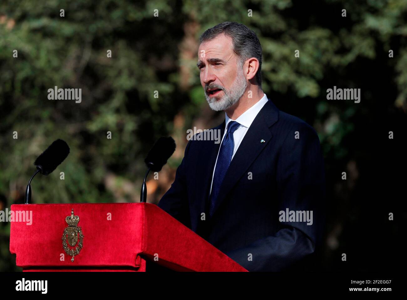 Re Felipe VI di Spagna partecipa all'atto di riconoscimento e di memoria di Stato a tutte le vittime del terrorismo, nel quadro della commemorazione della Giornata europea delle vittime del terrorismo nei giardini del palazzo reale il 11 marzo 2021 a Madrid, Spagna. Foto di Archie Andrews/ABACAPRESS.COM Foto Stock