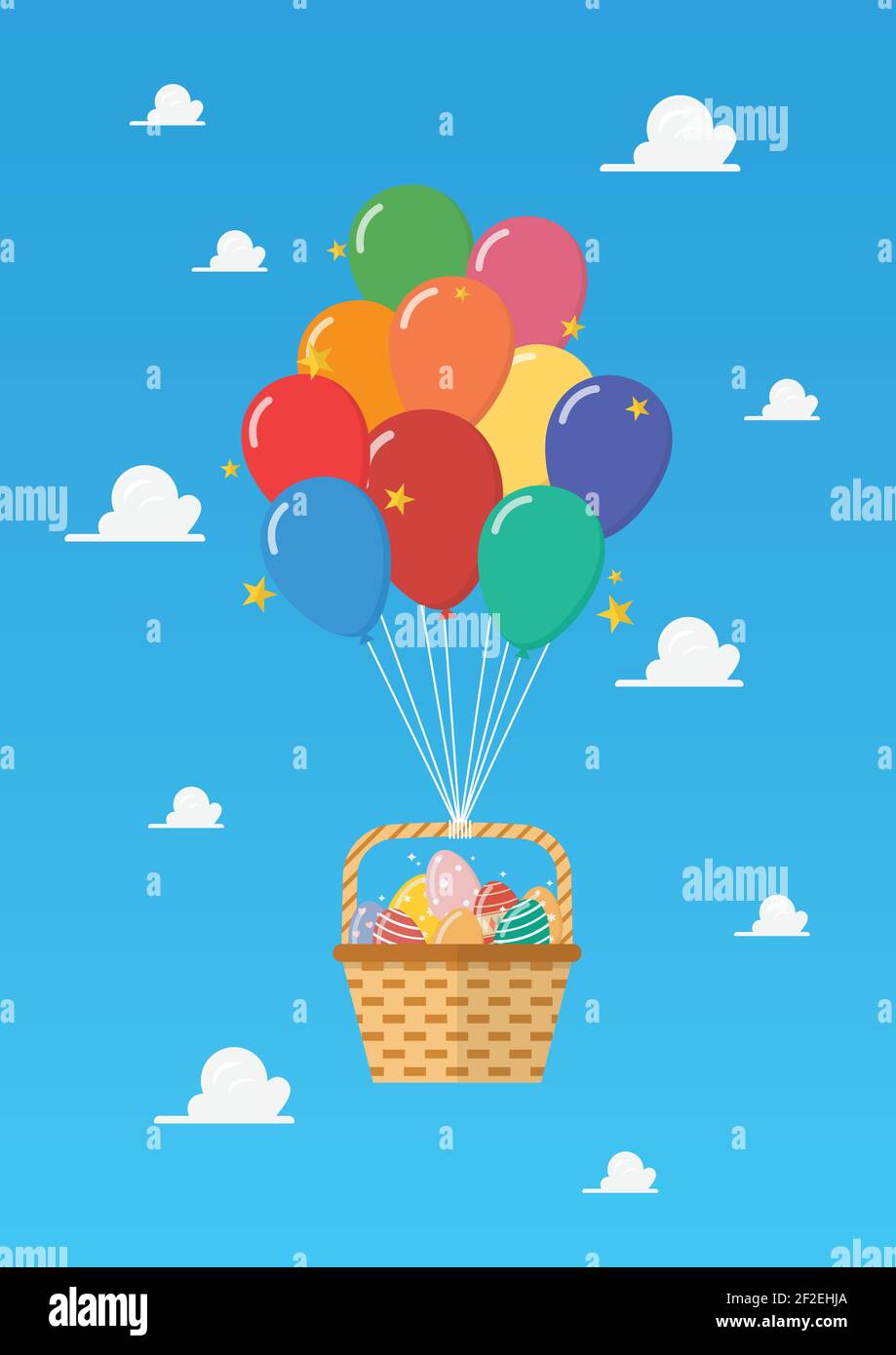 Pallone con cesto pieno di uova di pasqua su cielo blu. Illustrazione vettoriale. Illustrazione Vettoriale