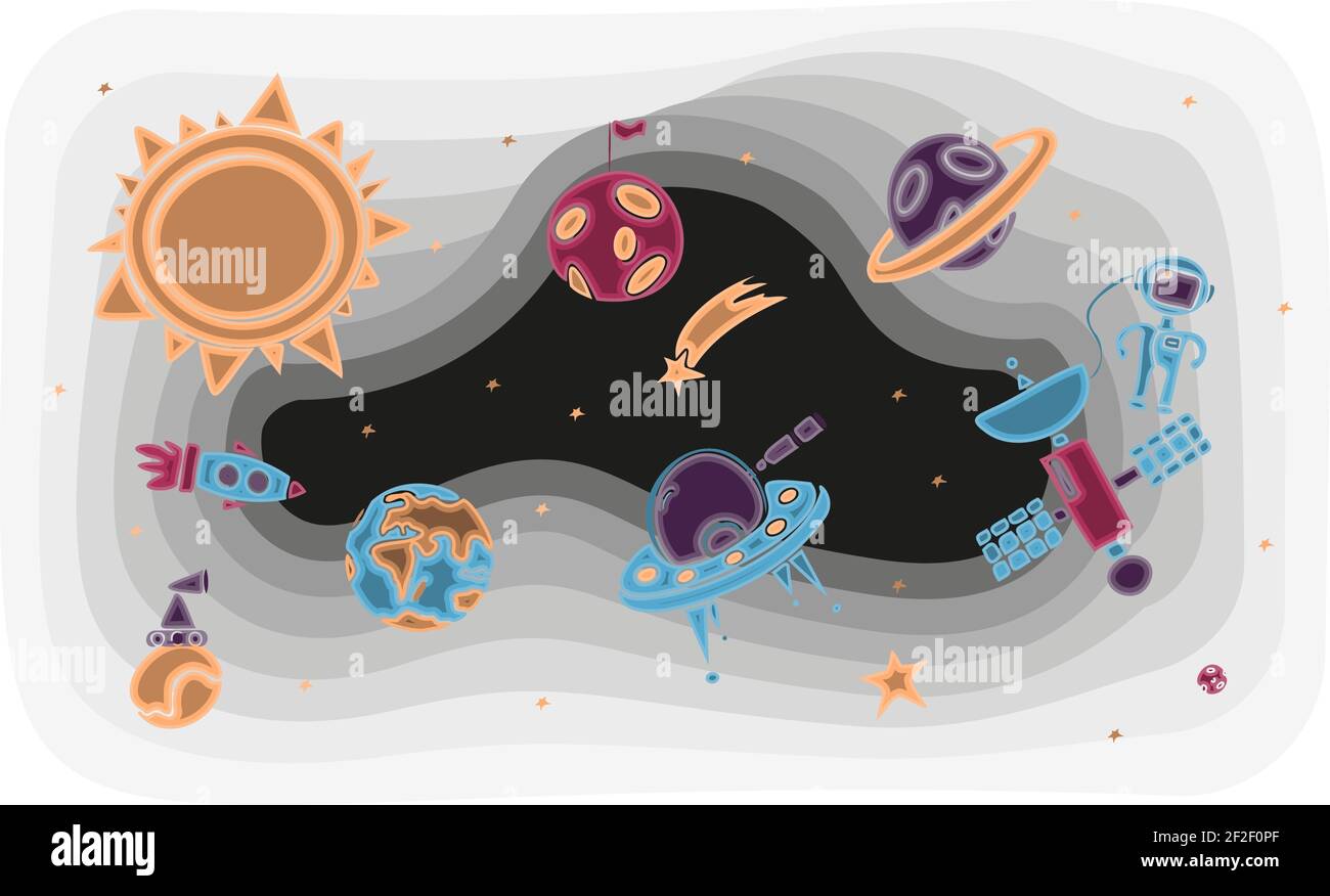 Disegno di mano spazio illustrazione con un razzo, astronauta, pianeti e alieni. Carino, i vettori dei bambini che disegnano circa le navicelle spaziali, le piattine volanti e. Illustrazione Vettoriale