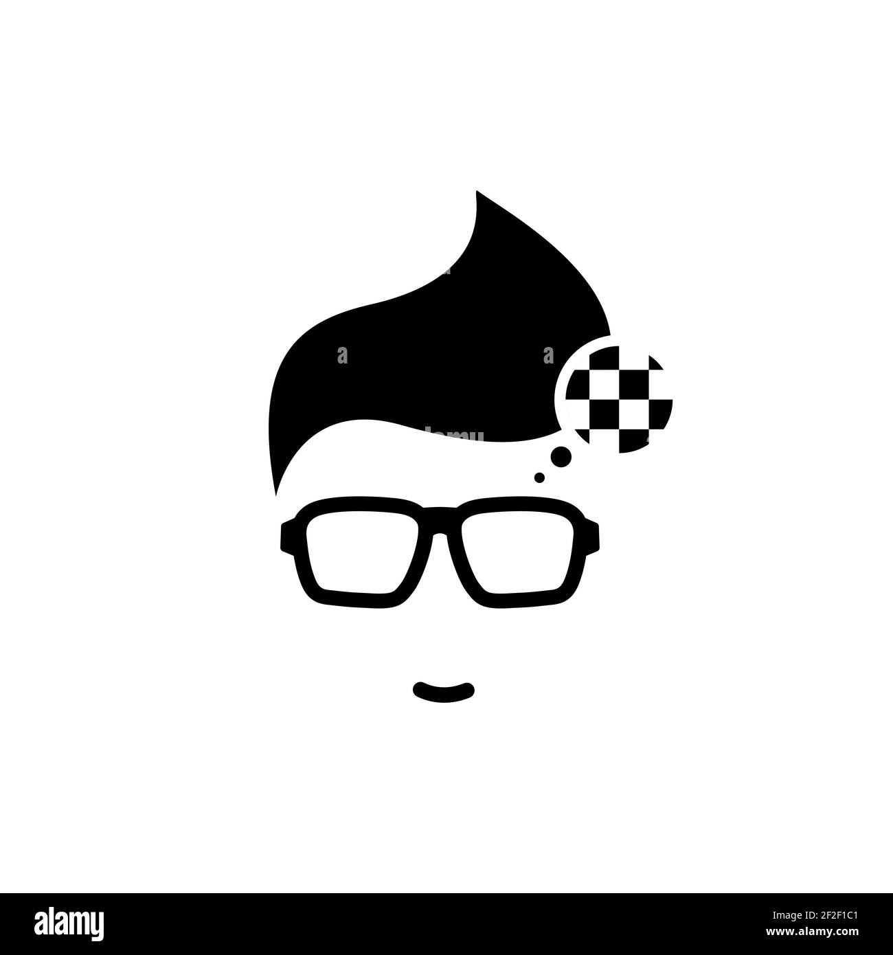 Silhouette della testa dell'uomo in occhiali da hipster con bandiera da corsa a scacchi. Avatar semplice nero. Isolato su bianco. Immagine piatta vettoriale. Illustrazione Vettoriale
