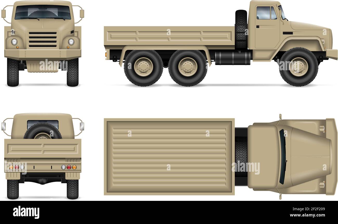 Mockup vettoriale isolato per autocarri militari su sfondo bianco. Tutti gli elementi dei gruppi su livelli separati per facilitare l'editing e il ricolore. Illustrazione Vettoriale