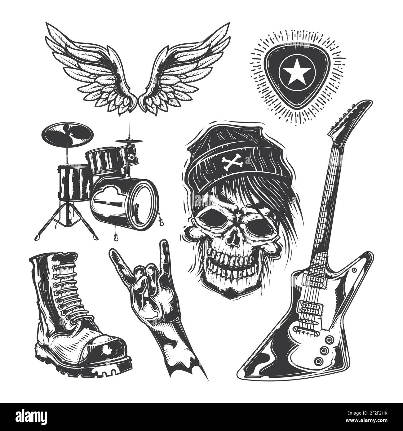 Insieme di elementi rock (cranio, stivale, batteria, ali, chitarra, Per creare badge, logo, etichette, poster, ecc. isolati su bianco Illustrazione Vettoriale
